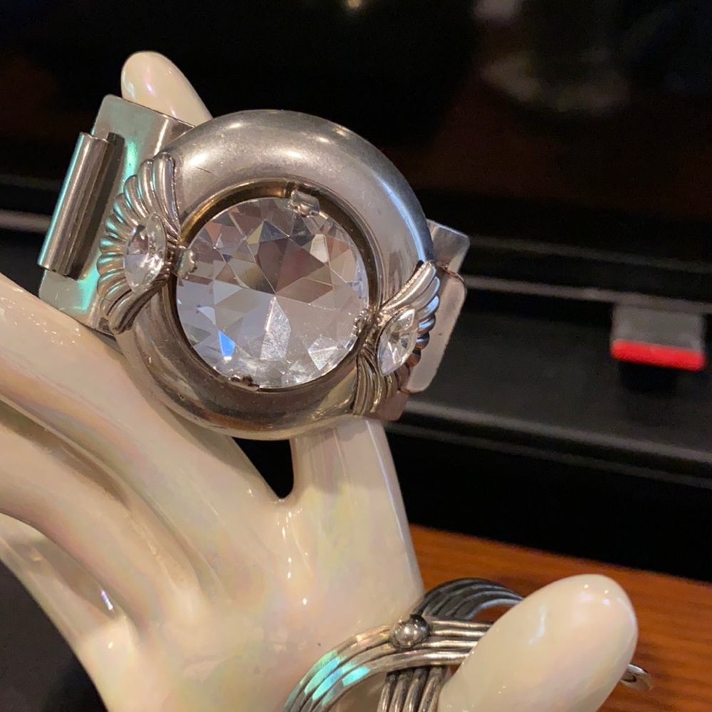 Unusual Retro, Art Deco design bracelet or wide multi-stranded silver-tone cuff.